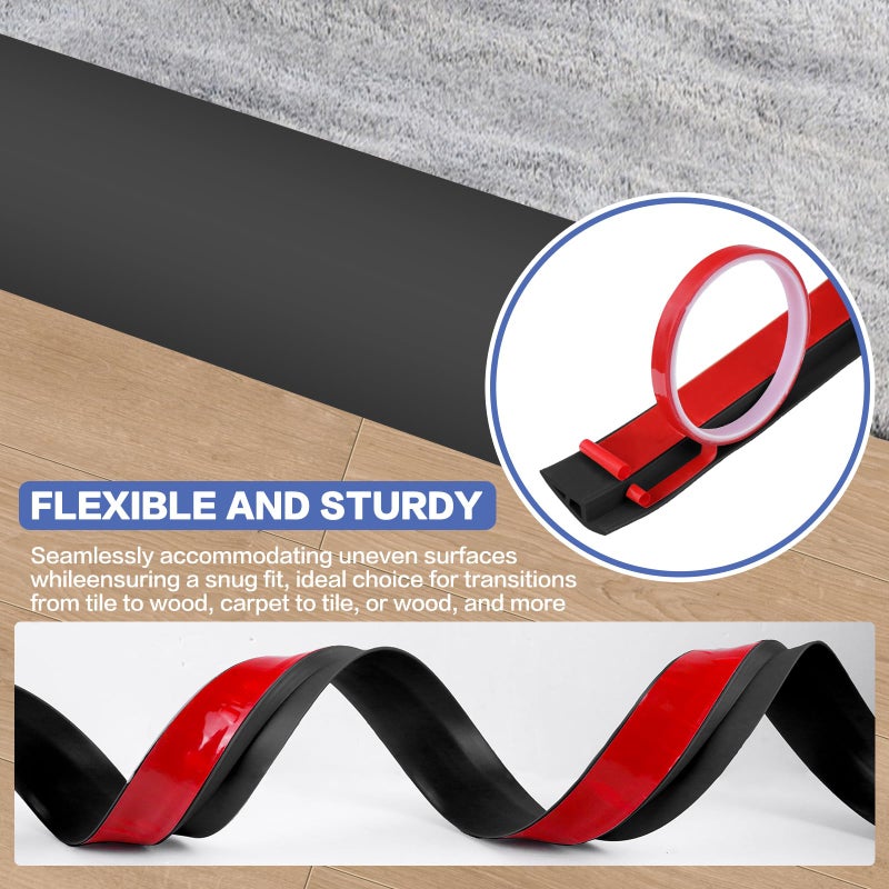 DBHXXMB-HH Floor Transition Strip Vinyl Door Threshold Ramp Self Adhesive Carpet Edging Strip Doorway Edge Trim, Overlap Edge Reducer for Laminate Carpet, Floor, Tile (Black, 1/5"" to 2/5"", 6.6Ft) - Image 4